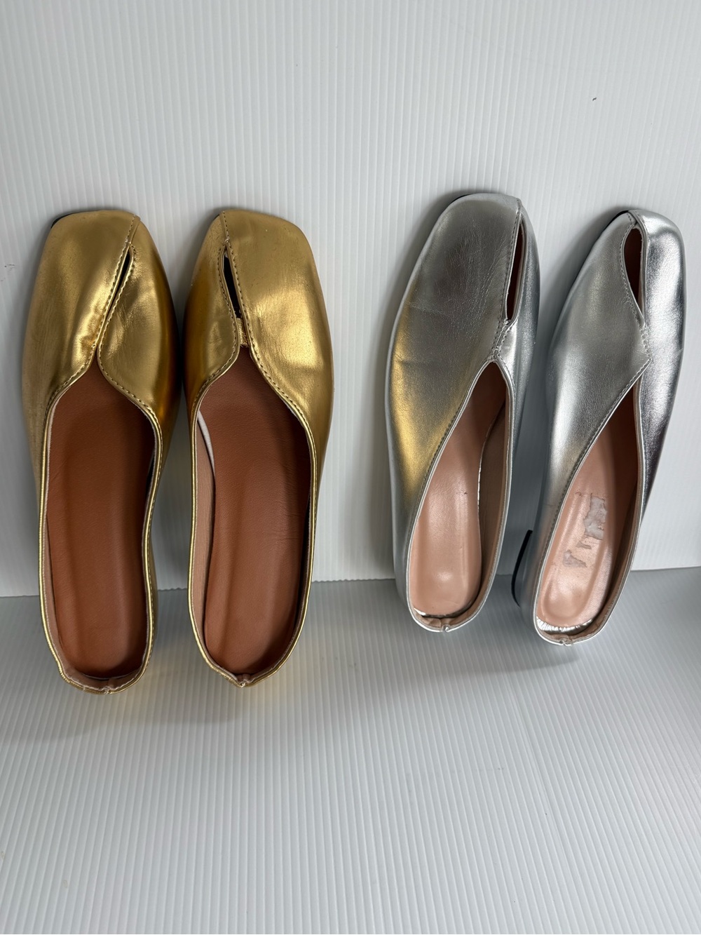2 Pairs of Metallic Split-Toe Flats in Gold and Silver